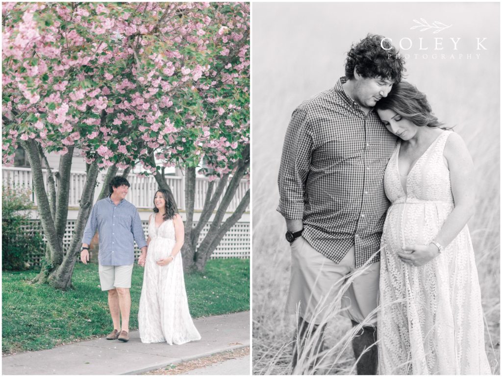 Asheville Motherhood Photographer husband and wife pregnant with pink flowers