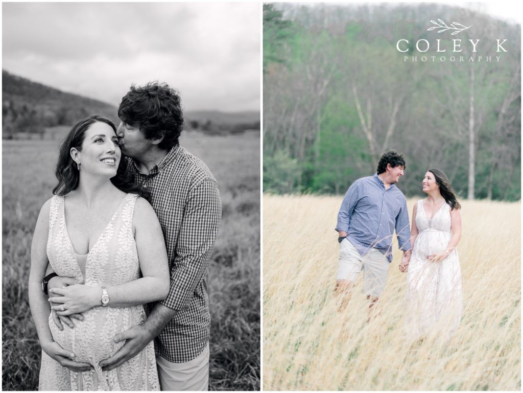 Asheville Maternity Photographer mountains and field pregnant couple