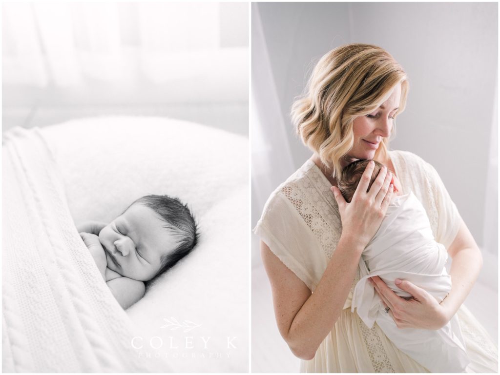 Newborn Photography Asheville NC Black and White Newborn Photos Mom holding baby  and newborn sleeping