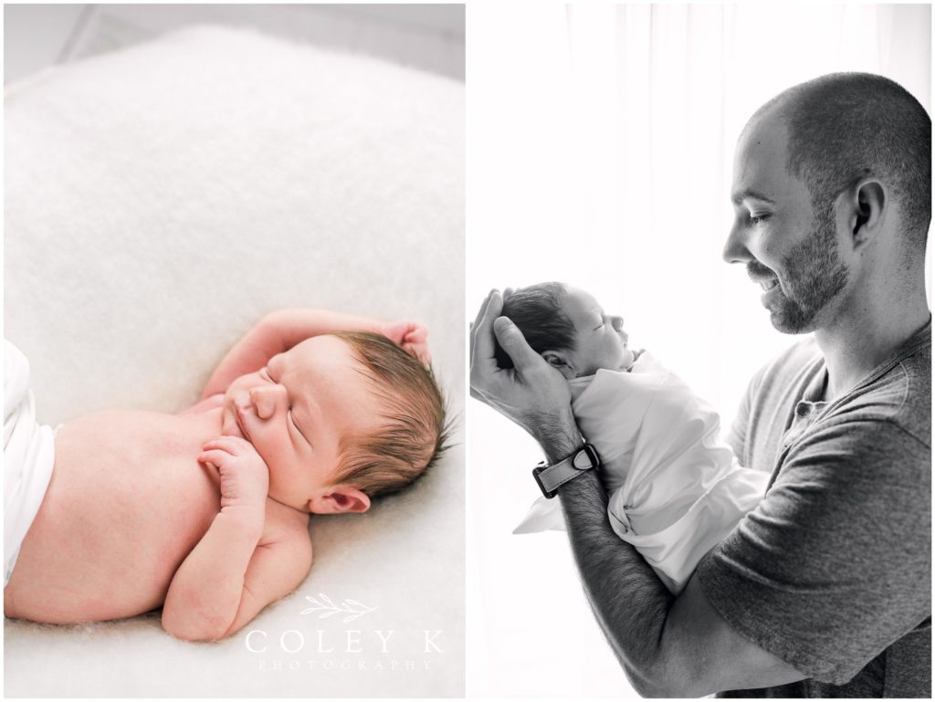 Newborn Photography Asheville NC Dad looking at baby and newborn sleeping