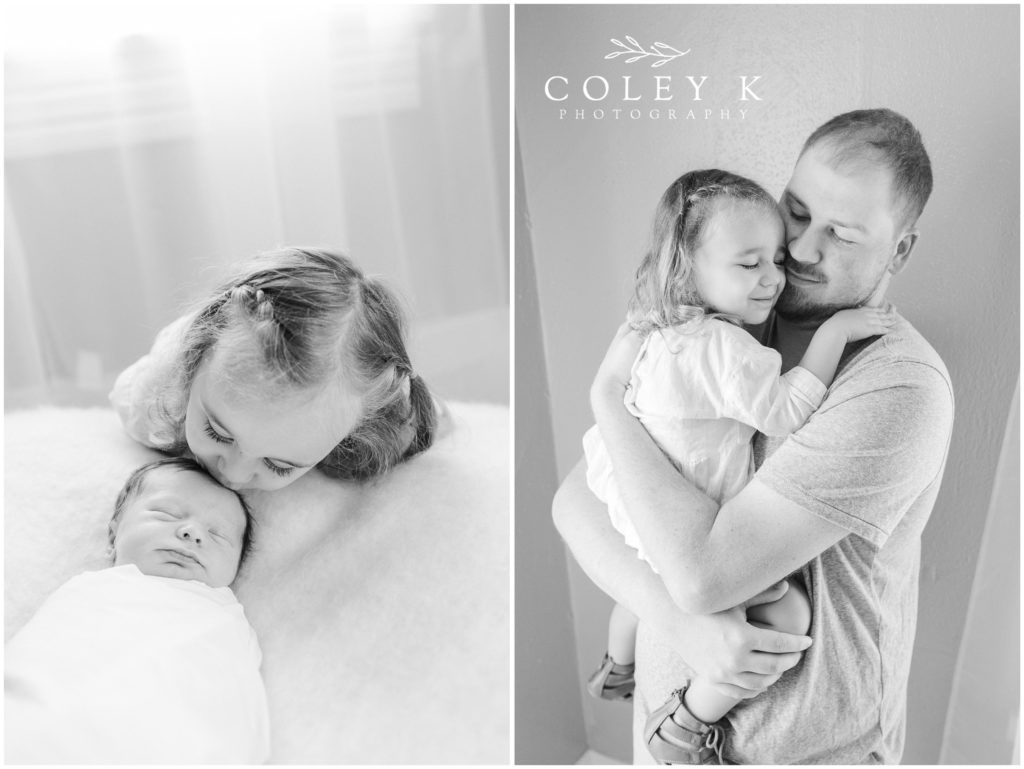 Black and White Family Portraits Toddler with Dad and Newborn