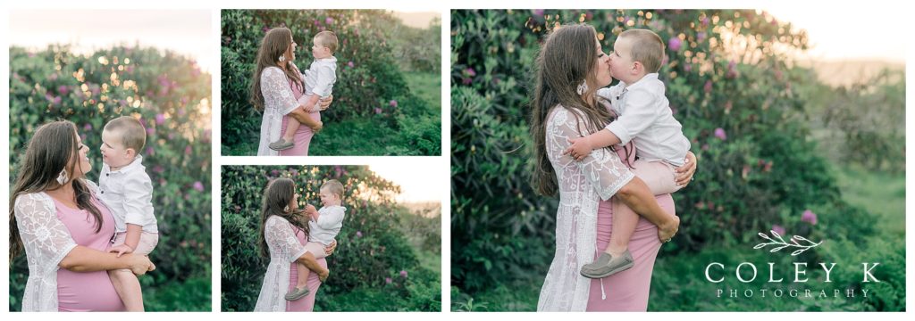 pink motherhood toddler boy photos with flowers