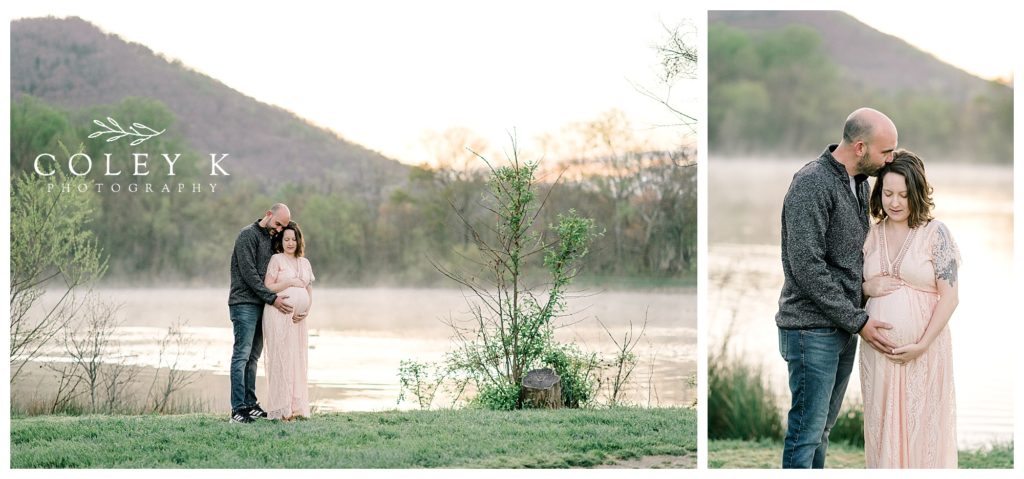 Asheville Maternity Photo by lake and mountain