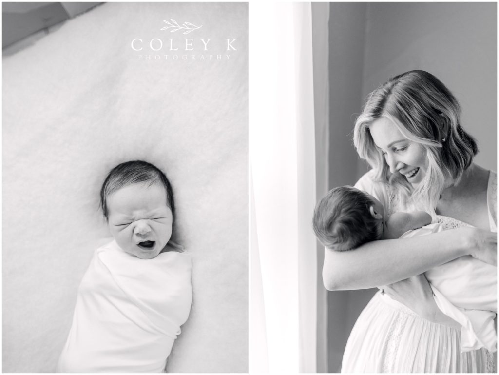 Newborn Photography Asheville NC Black and White Newborn Photos Mom holding baby and baby yawning