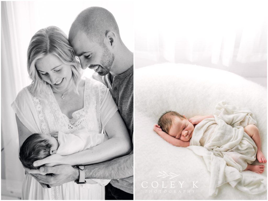 Newborn Photography Asheville NC Mom and Dad snuggling newborn black and white and color