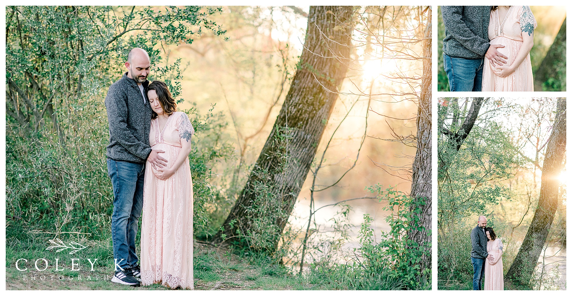 Maternity photography with sunlight by river